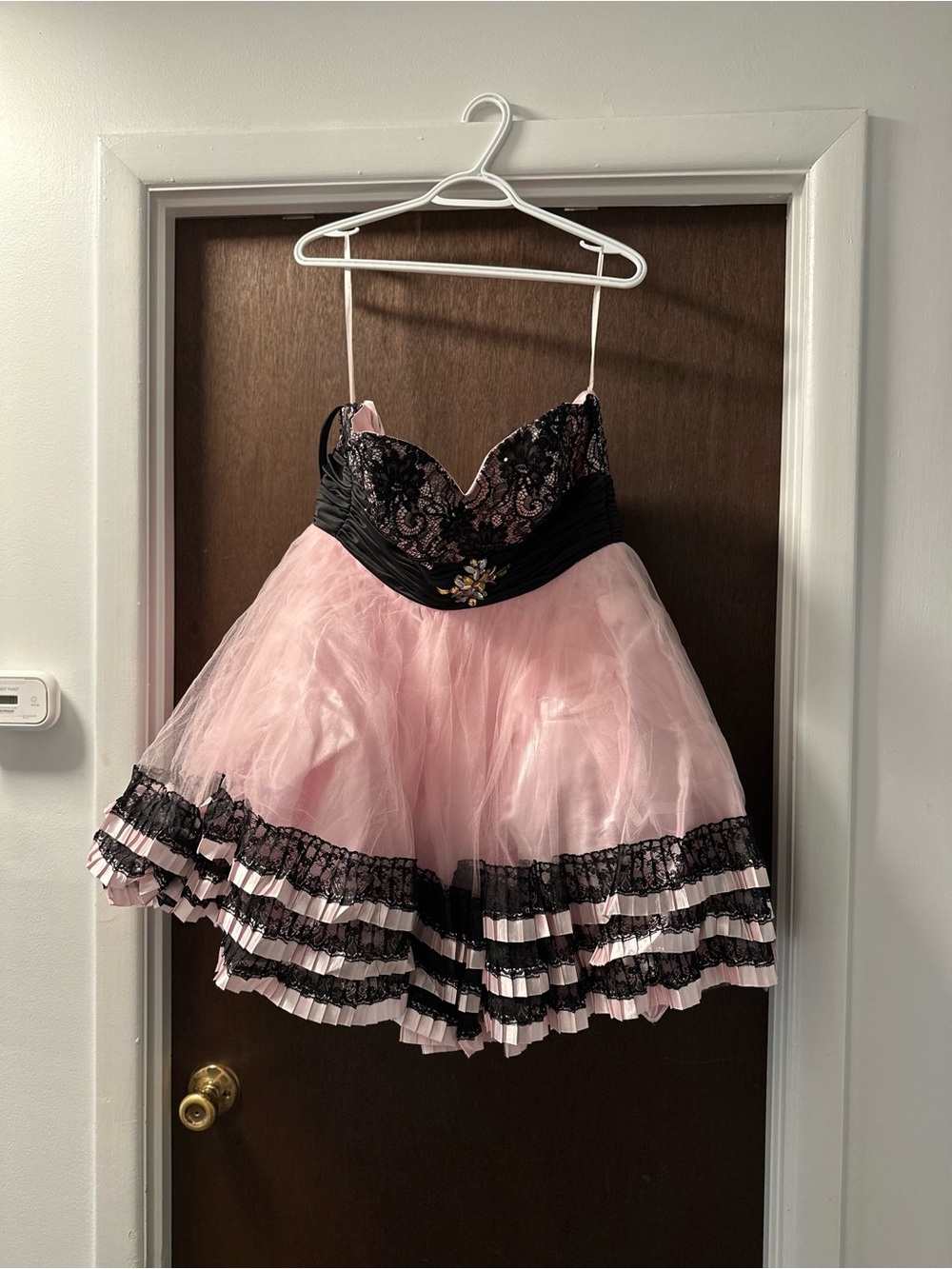 Black & Pink Lace Bodice Tulle Formal Dress with Spaghetti Straps